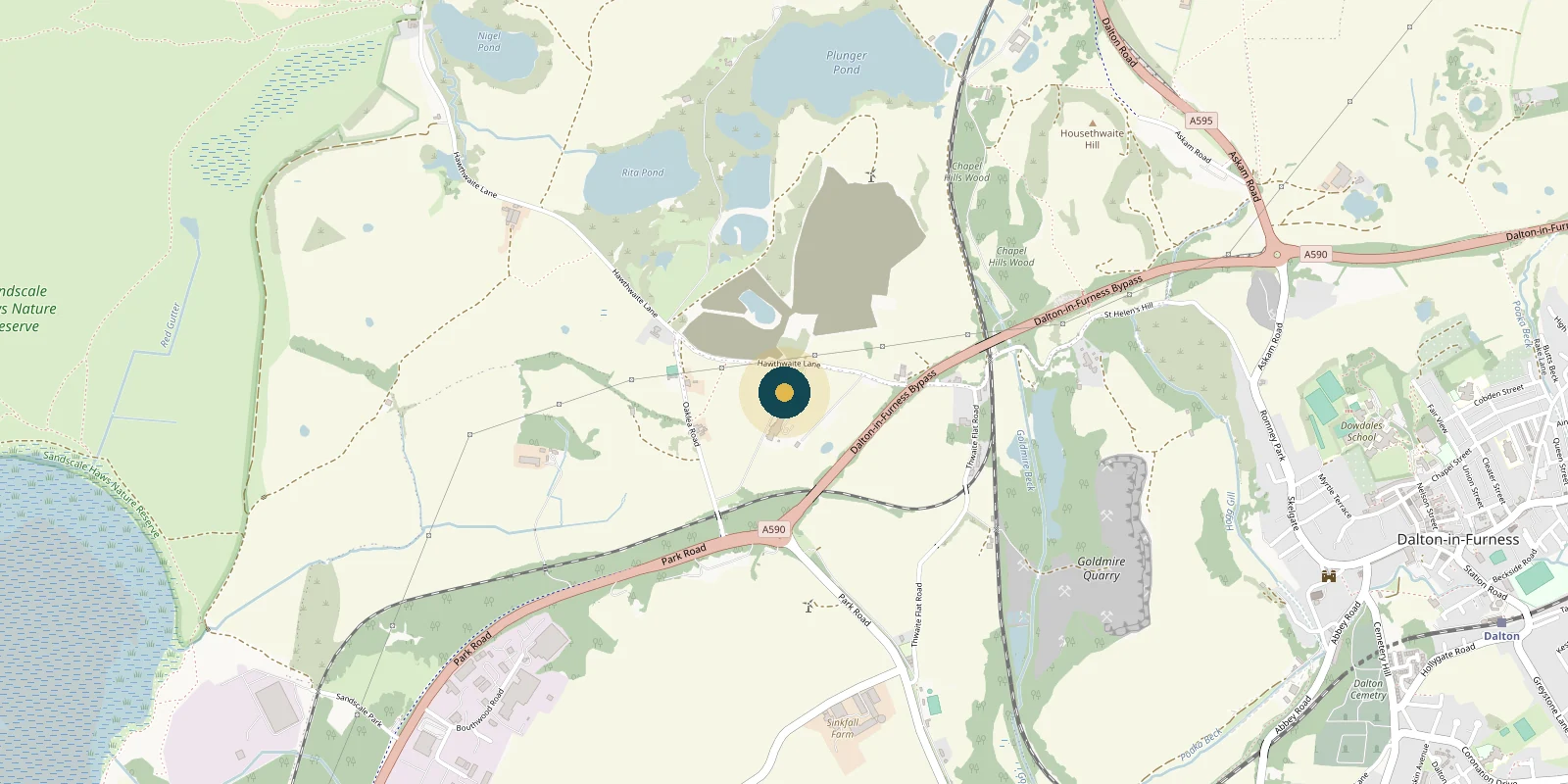 Map showing The Dunes Hotel on Hawthwaite Lane, just off the A590 near Dalton-in-Furness